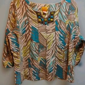 Ruby Rd. Blue and Brown Leaf Print Blouse